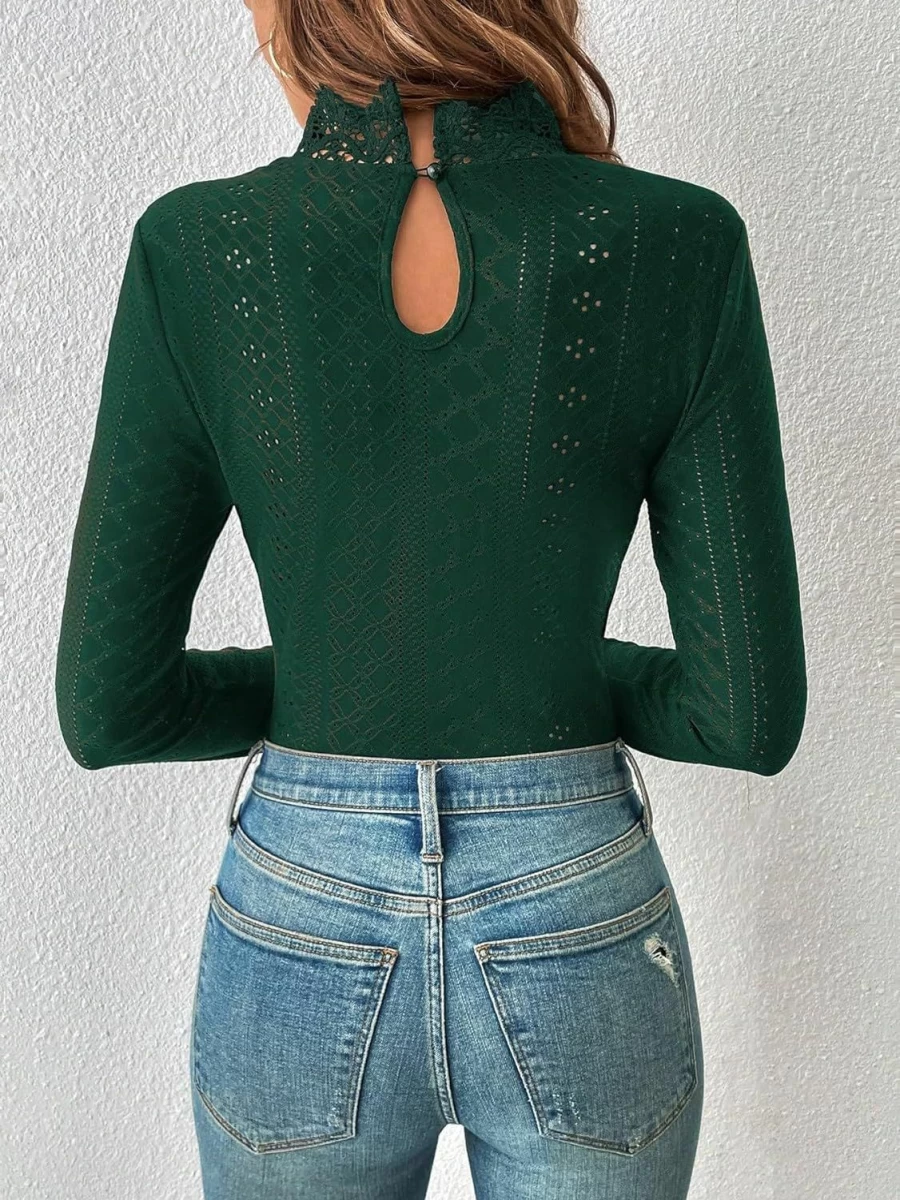 OYOANGLE Women's Elegant Lace Long Sleeve Mock Neck Bodysuit - Slim Fit Embroidery T-Shirt Top