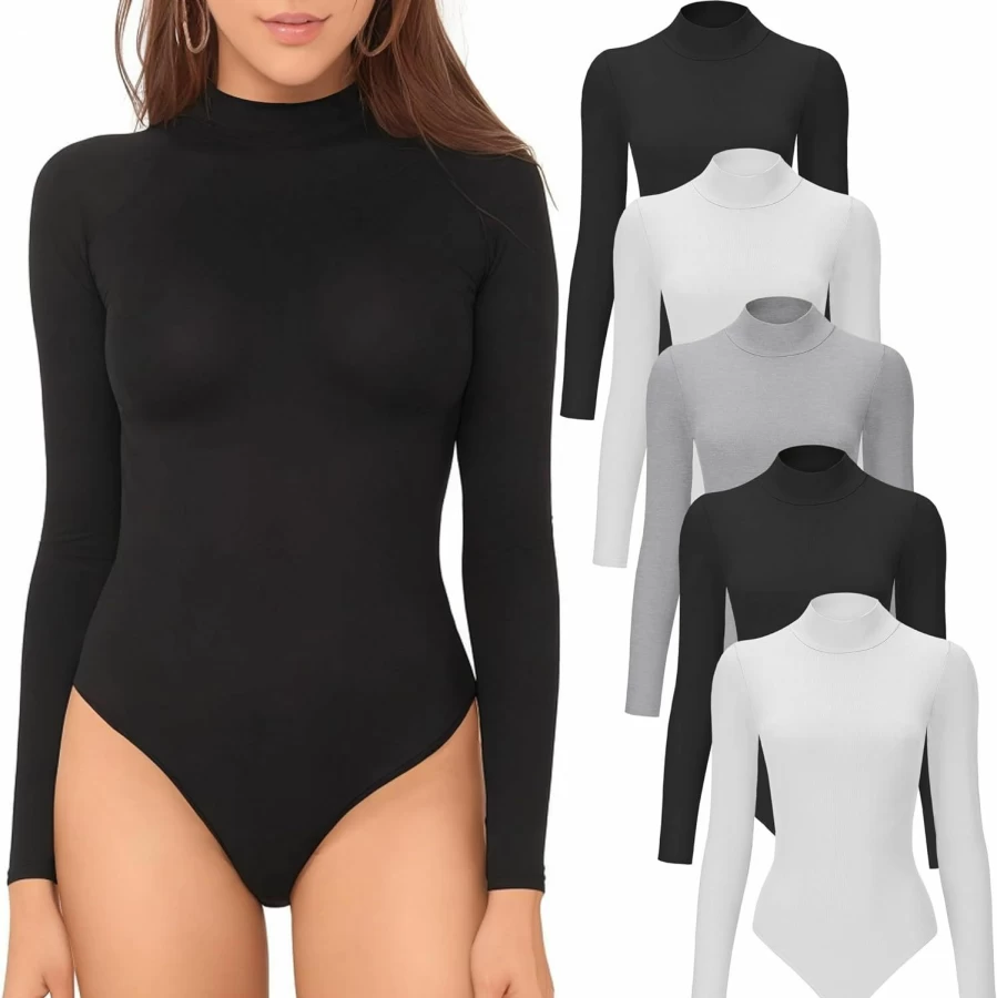 MCPORO Women's Long Sleeve Mock Turtleneck Bodysuit - 4/5 Pack Basic Black Body Suits Tops