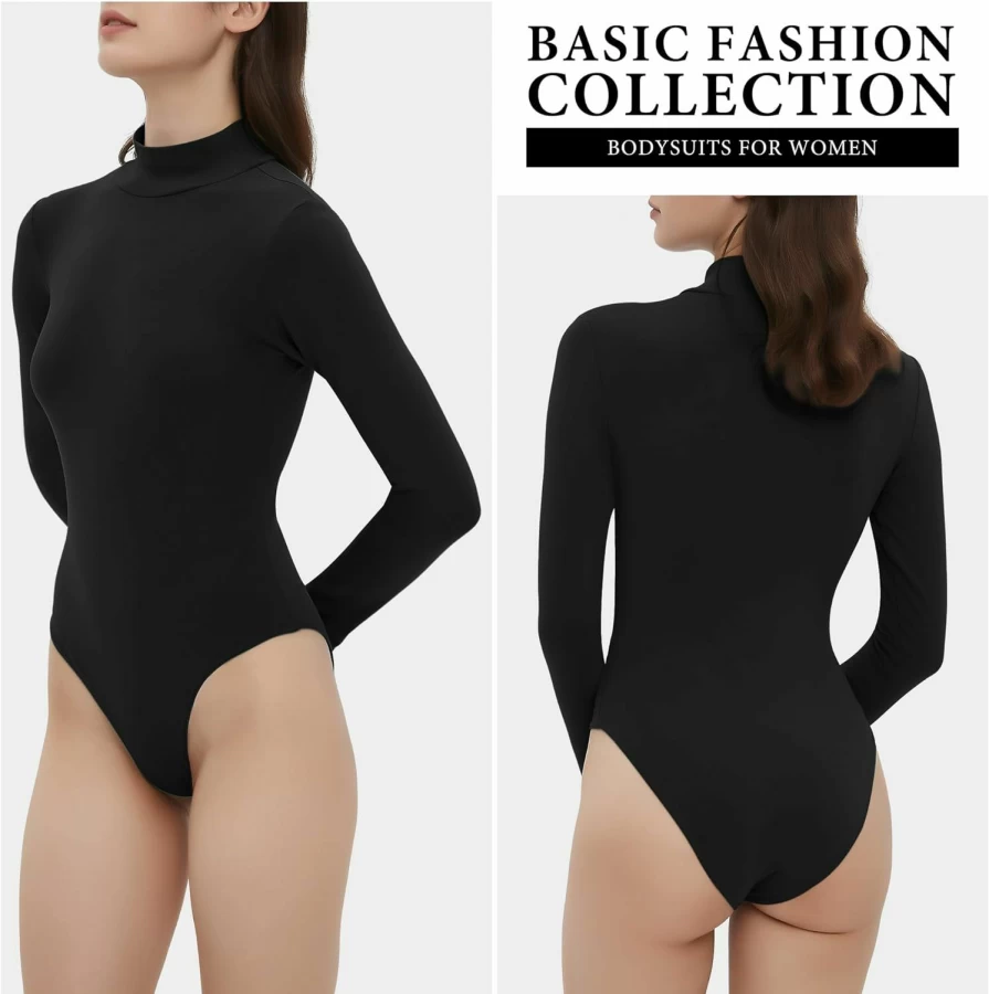 MCPORO Women's Long Sleeve Mock Turtleneck Bodysuit - 4/5 Pack Basic Black Body Suits Tops