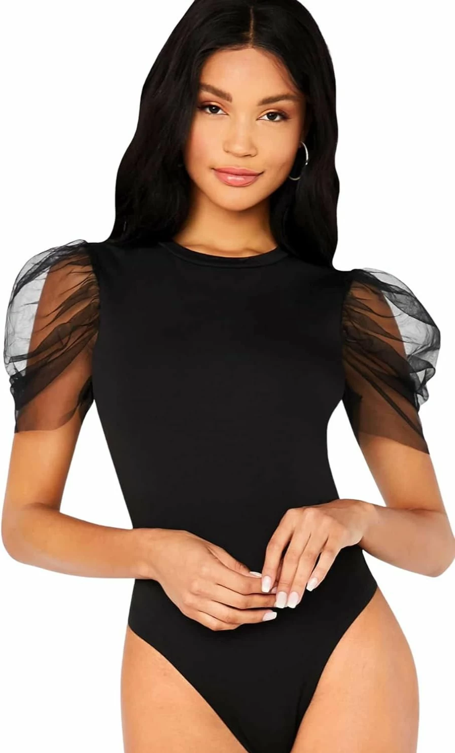 Floerns Women's Elegant Mesh Puff Sleeve Bodysuit - Stretchable Contrast Trim Slim Fit Short Sleeve Top