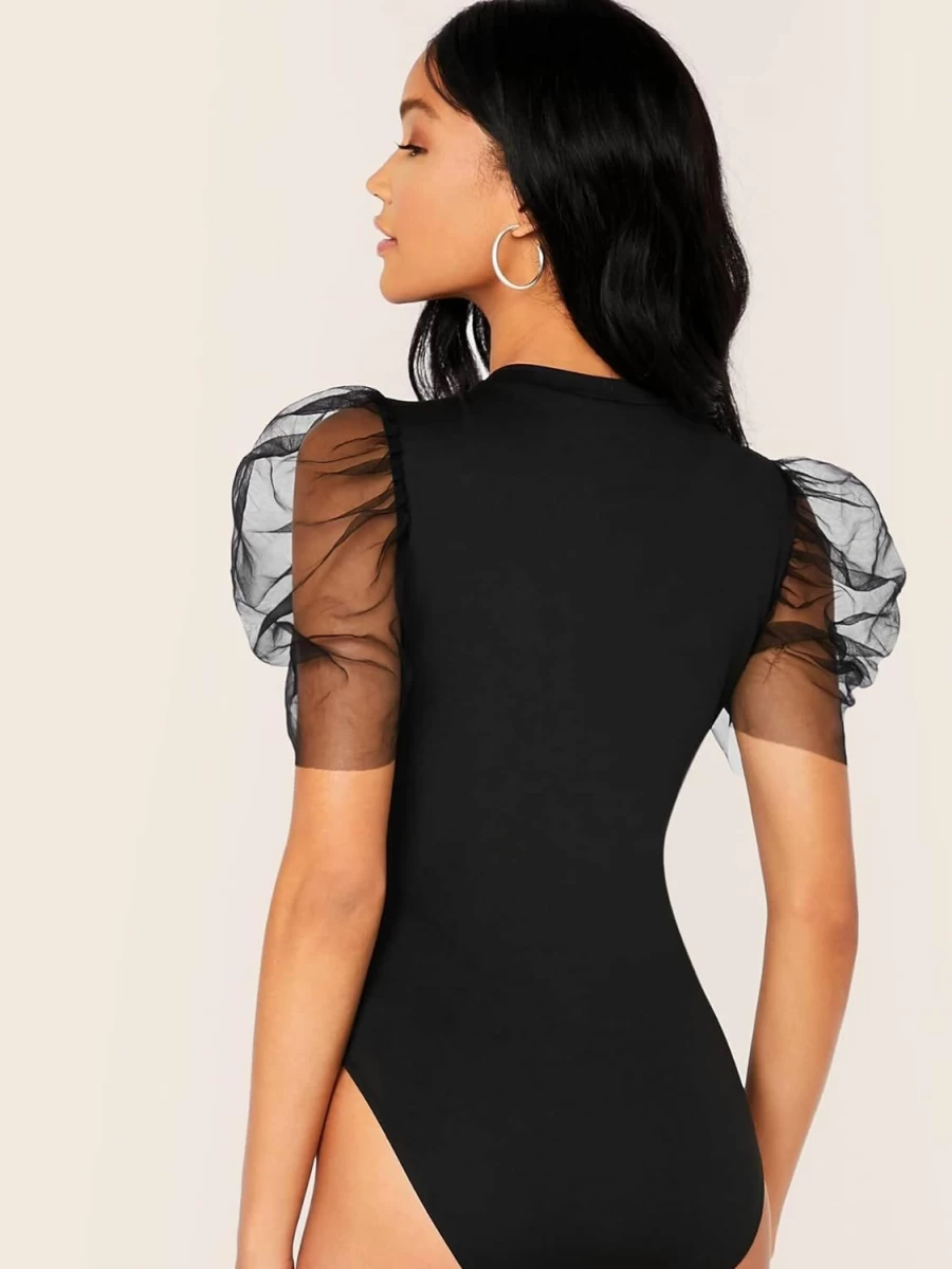 Floerns Women's Elegant Mesh Puff Sleeve Bodysuit - Stretchable Contrast Trim Slim Fit Short Sleeve Top