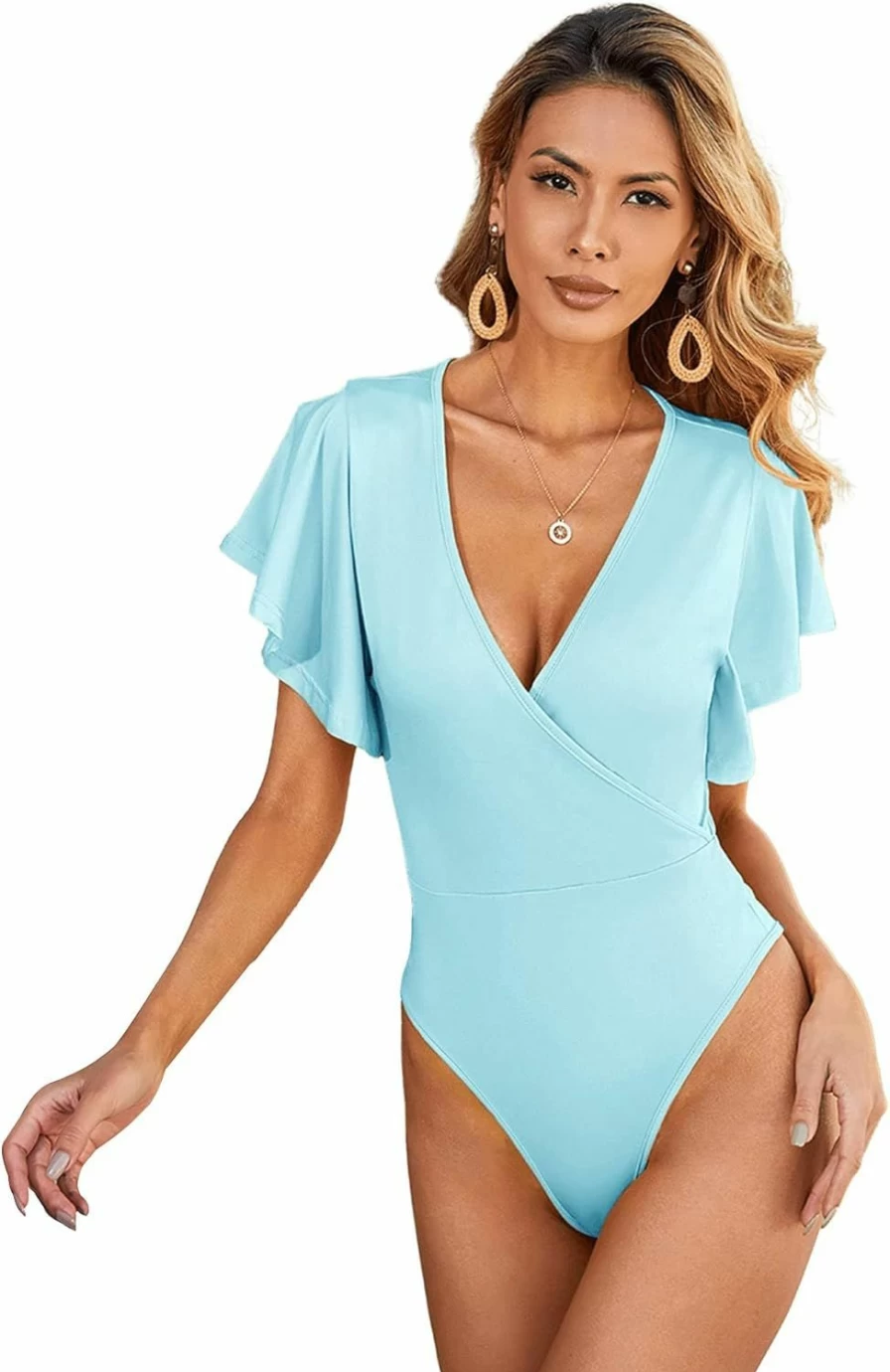 Milumia Women's Wrap V-Neck Ruffle Blouse Butterfly Sleeve Solid Bodysuit T-Shirt