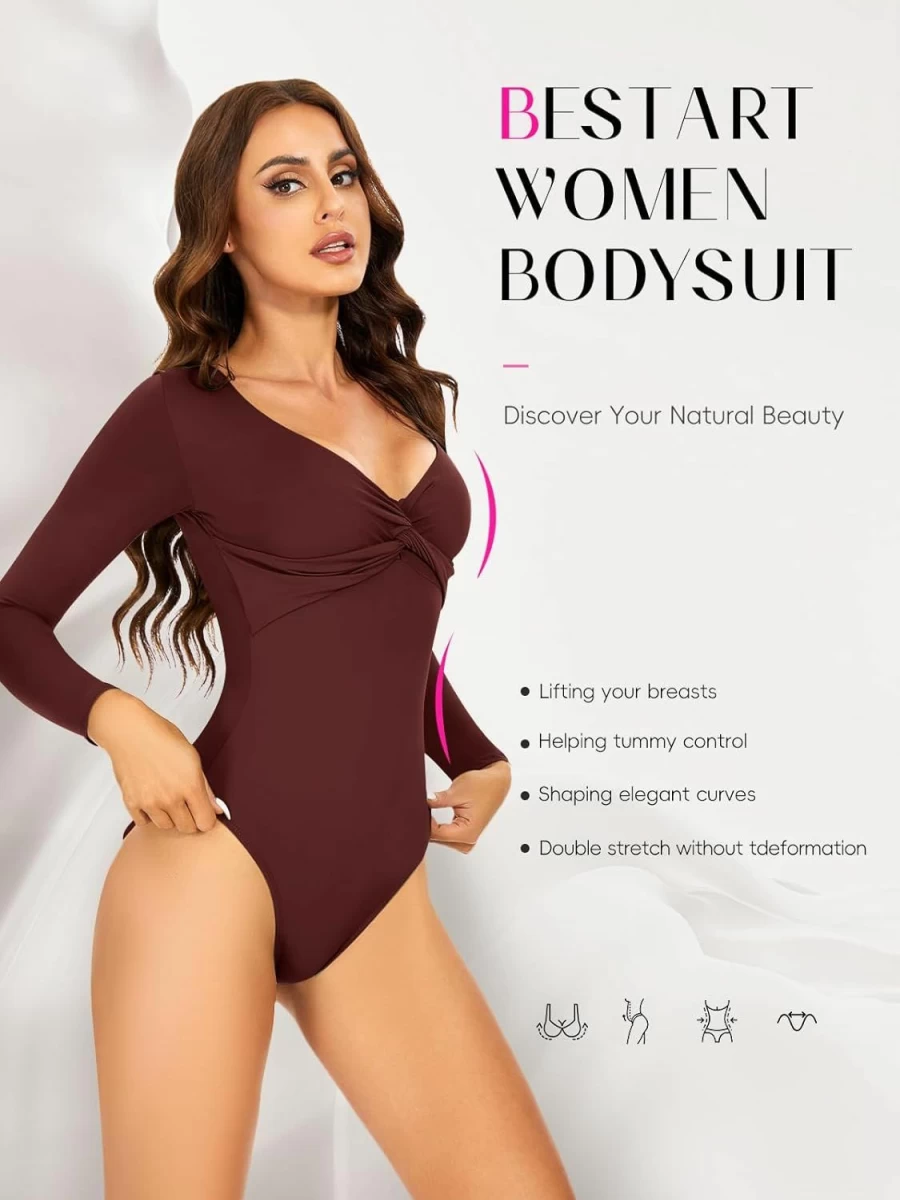 Bestart Women's Sexy V Neck Twist Knot Long Sleeve Bodysuit - Moon Collection Snap Closure Tops