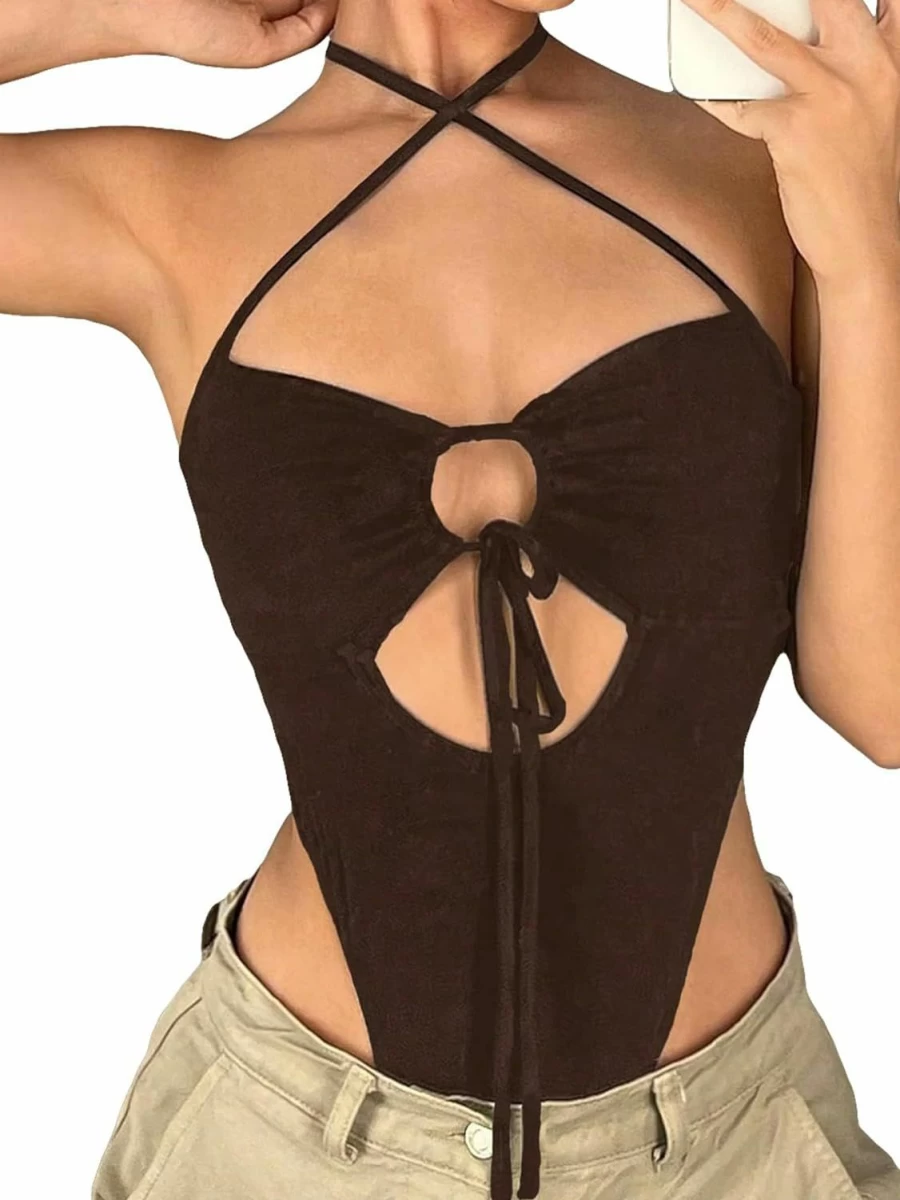 OYOANGLE Women's Criss Cross Back Halter Bodysuit - Cut Out Design Stretchable Jumpsuit Tops for Women