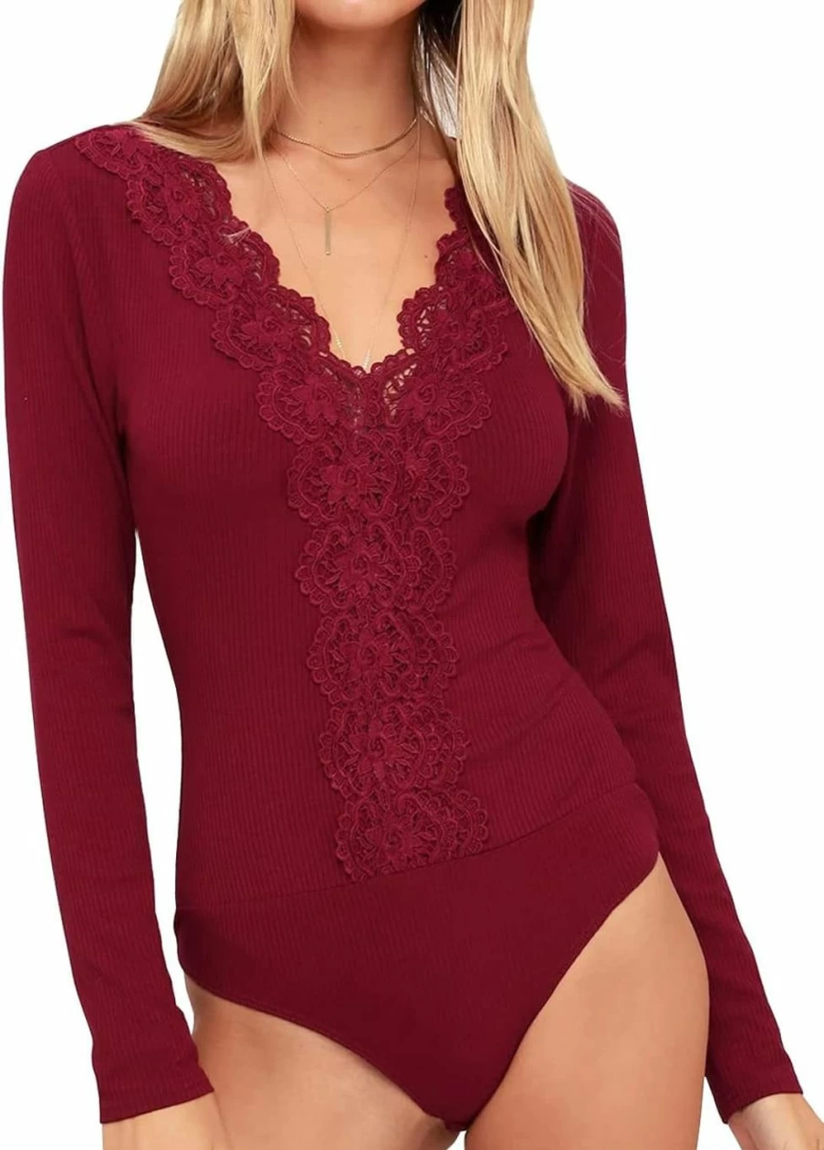 "Jyccr Women's Sexy Crochet Lace Bodysuit Top - Deep V Neck Long Sleeve Slim Fit Casual Outing Blouse"