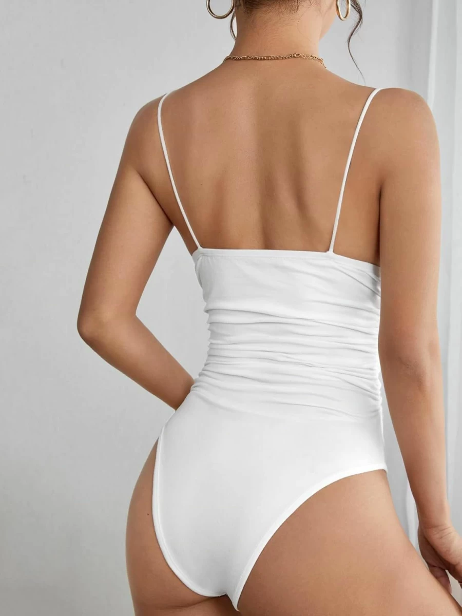OYOANGLE Women's Ruched Square Neck Bodysuit - Spaghetti Strap Backless Cami Top for Women - Solid Plain Stretchy Slim Fit Sleeveless Bodycon Shirt