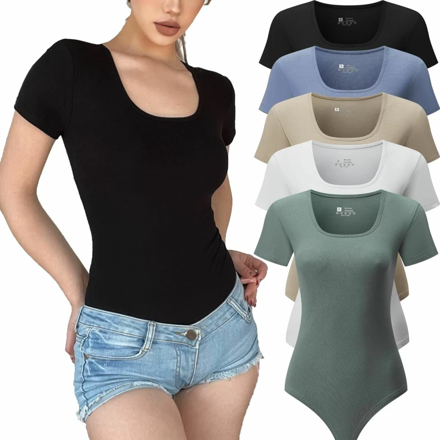 "Chongbaijia Women's 5 Pack Square Neck Short Sleeve Bodysuits - Stretchy Casual T-Shirt Tops"