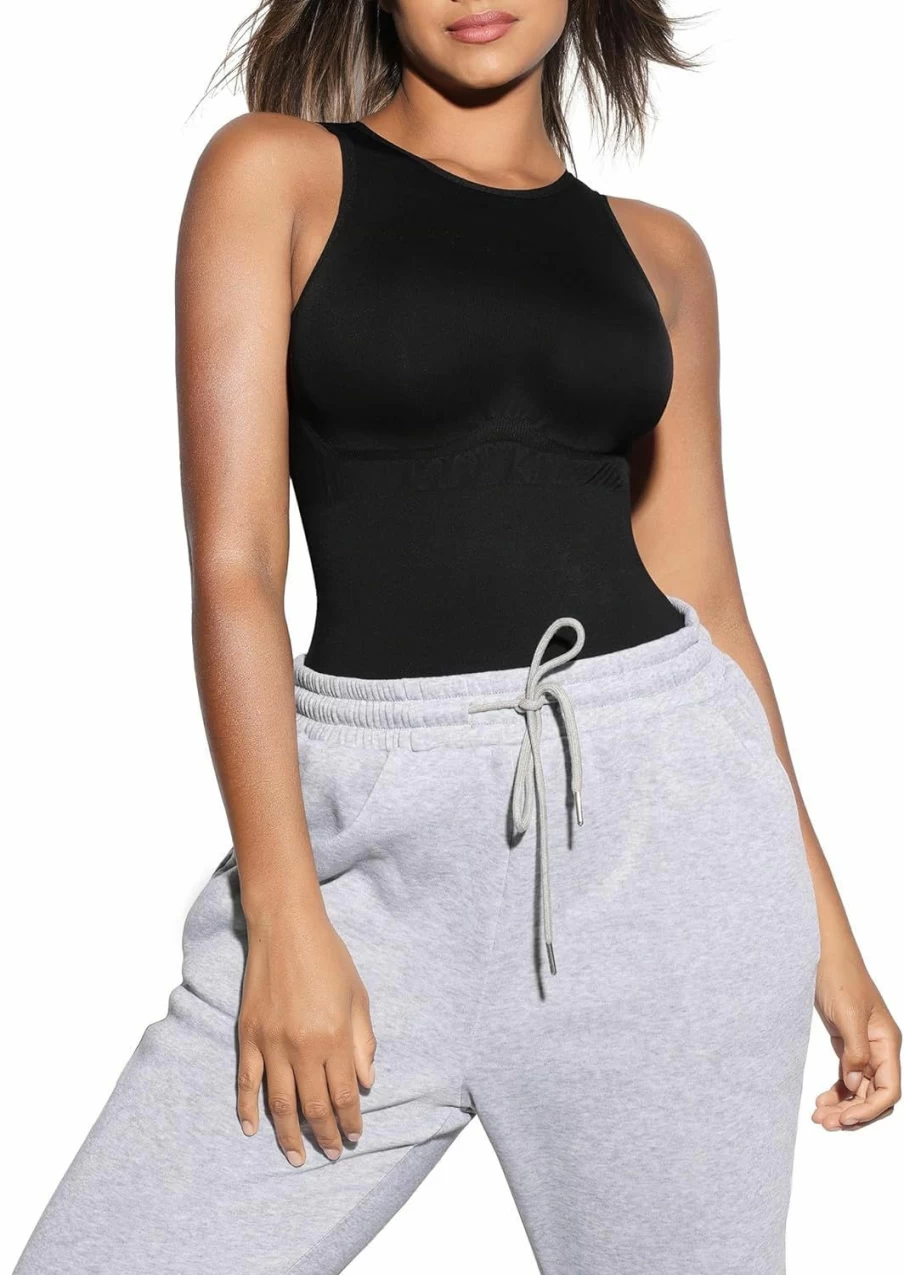 FeelinGirl Women's Tummy Control Bodysuit - Seamless Thong Leotard with High Neck & Racerback Tank Top Snap Closure