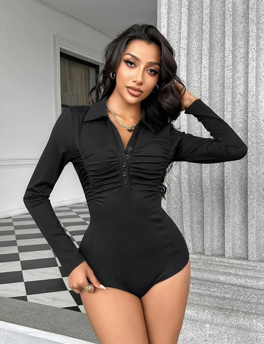 Blooming Jelly Women's Ribbed Long Sleeve Bodysuit - Slimming Collared Shirt for Fall 2023 Outfits