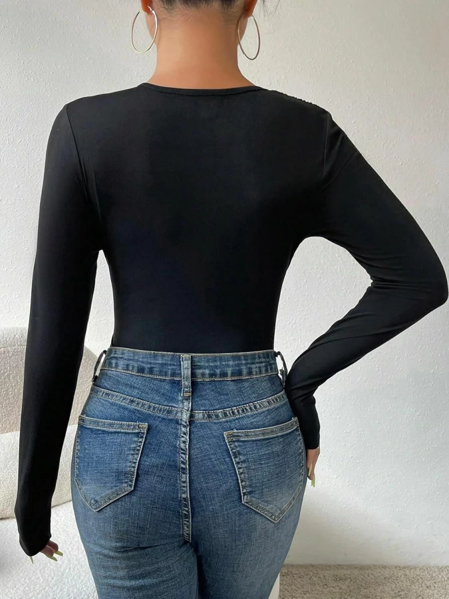 SHENHE Women's Ruched Long Sleeve Bodysuit Top with Asymmetrical Neck - Fitted Casual T-Shirt for Women