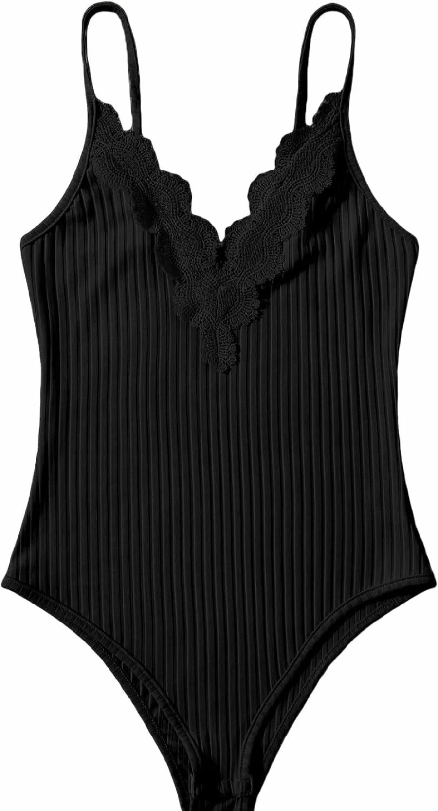 Verdusa Women's Lace Trim V-Neck Ribbed Knit Cami Bodysuit - Casual Spaghetti Strap Stretch Fitted Top