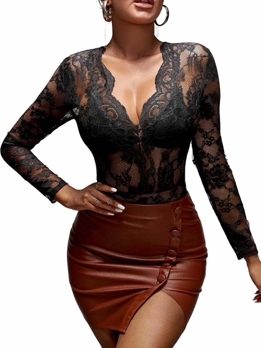 SOLY HUX Women's Floral Lace Bodysuit Jumpsuit - Sexy Deep V Neck Long Sleeve T-Shirt Top