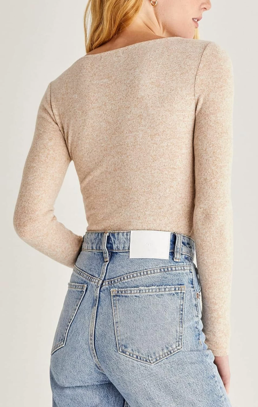 Z SUPPLY Clemence Marled Bodysuit for Women - Soft Oatmeal Color Stretchable Comfort Fit Basic Top ZT214364