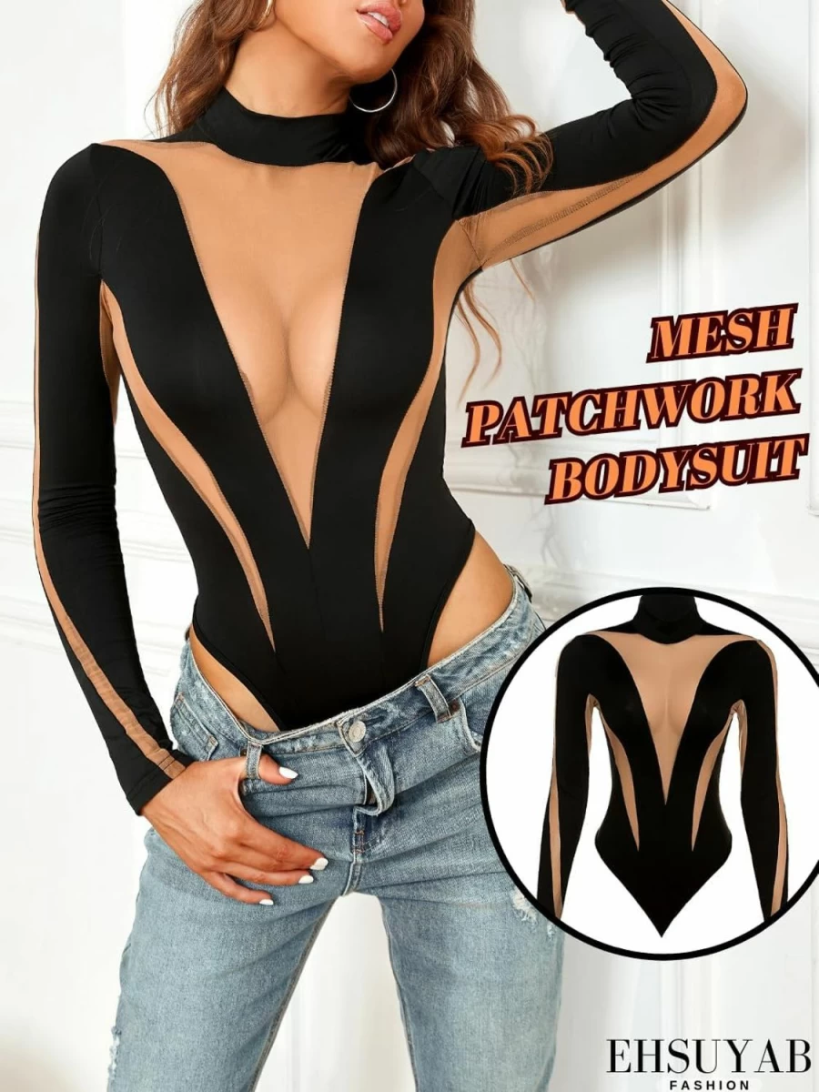EHSUYAB Women's Sexy Mesh Patchwork Bodysuit with Snap Crotch & Plunge Neckline