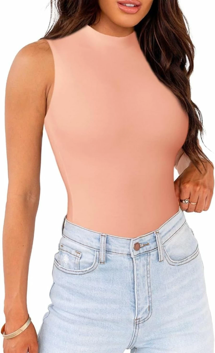WAYMAKER Women's Sleeveless Mock Neck Bodysuit - Stretch Tank Top Bodycon Shirt