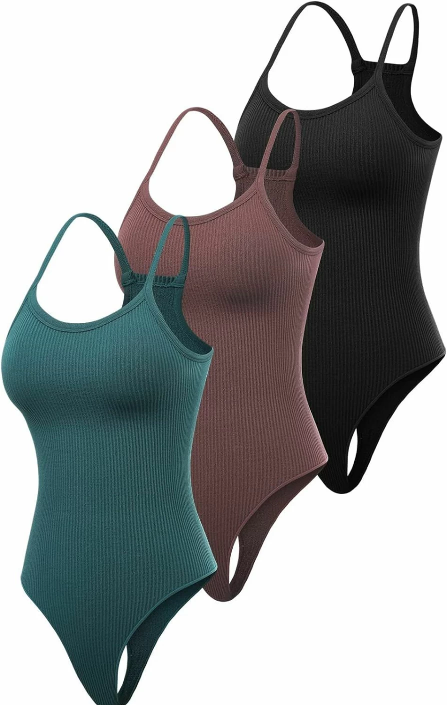 YNNTHY Women's Ribbed Sleeveless Bodysuit - Scoop Neck Racerback Tank Top 3-Piece Set