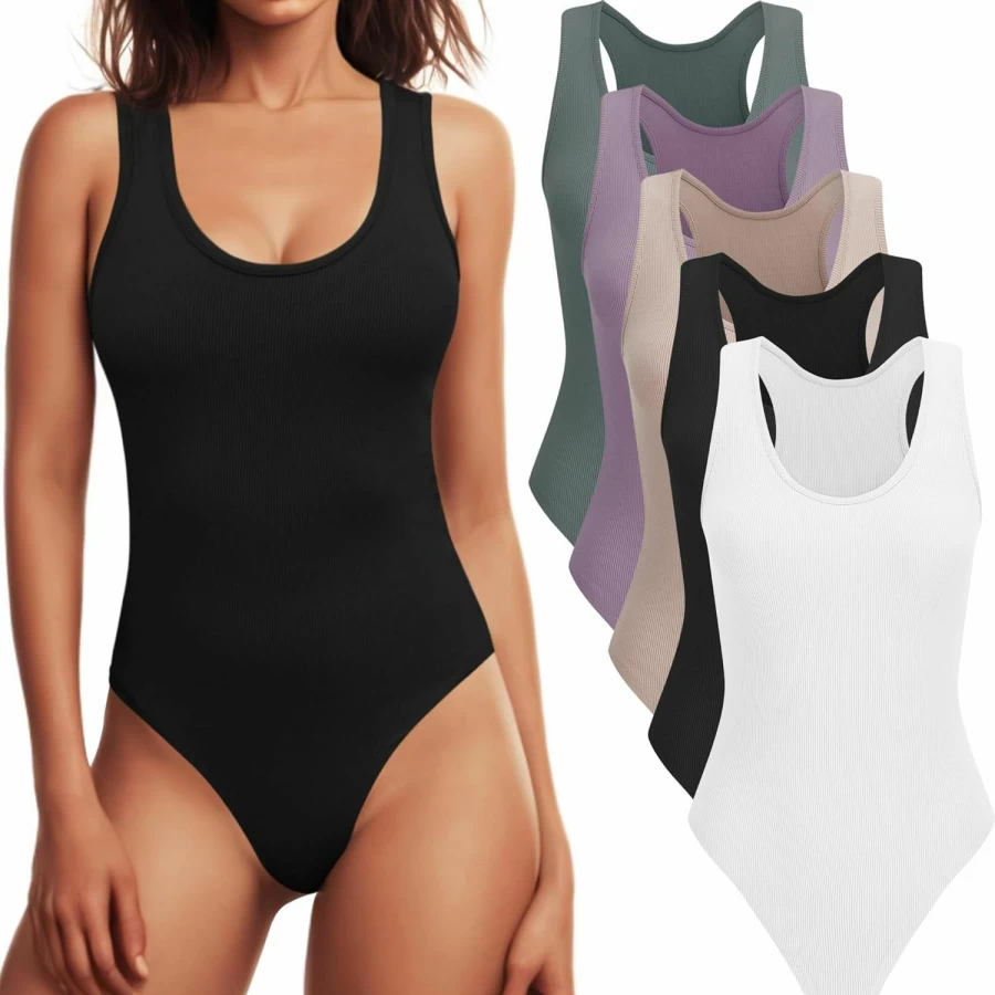 CE' CERDR Women's Ribbed Bodysuit 5-Pack - Scoop Neck Sleeveless Racerback Tank Top Bodysuits
