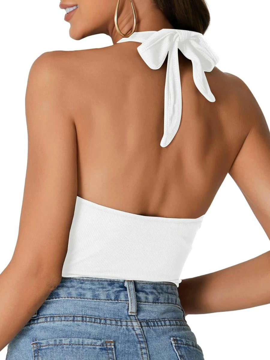 Rooscier Women's Sexy Ribbed Knit Bodysuit - Halter Neck, Backless & Sleeveless Design with Self Tie Detail