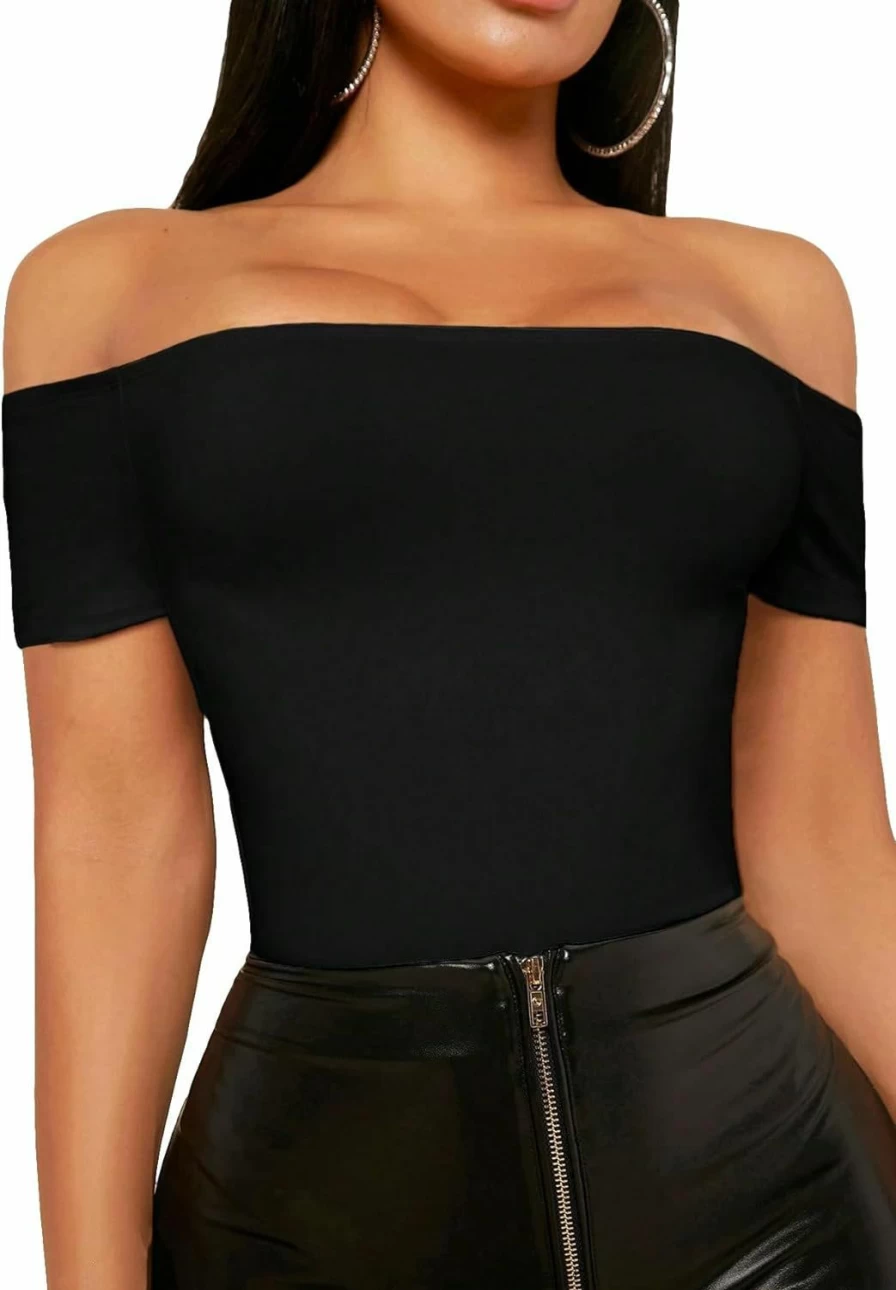 OYOANGLE Women's Casual Off-Shoulder Short Sleeve Bodysuit Top - Stretchable Basic T-Shirt for Women