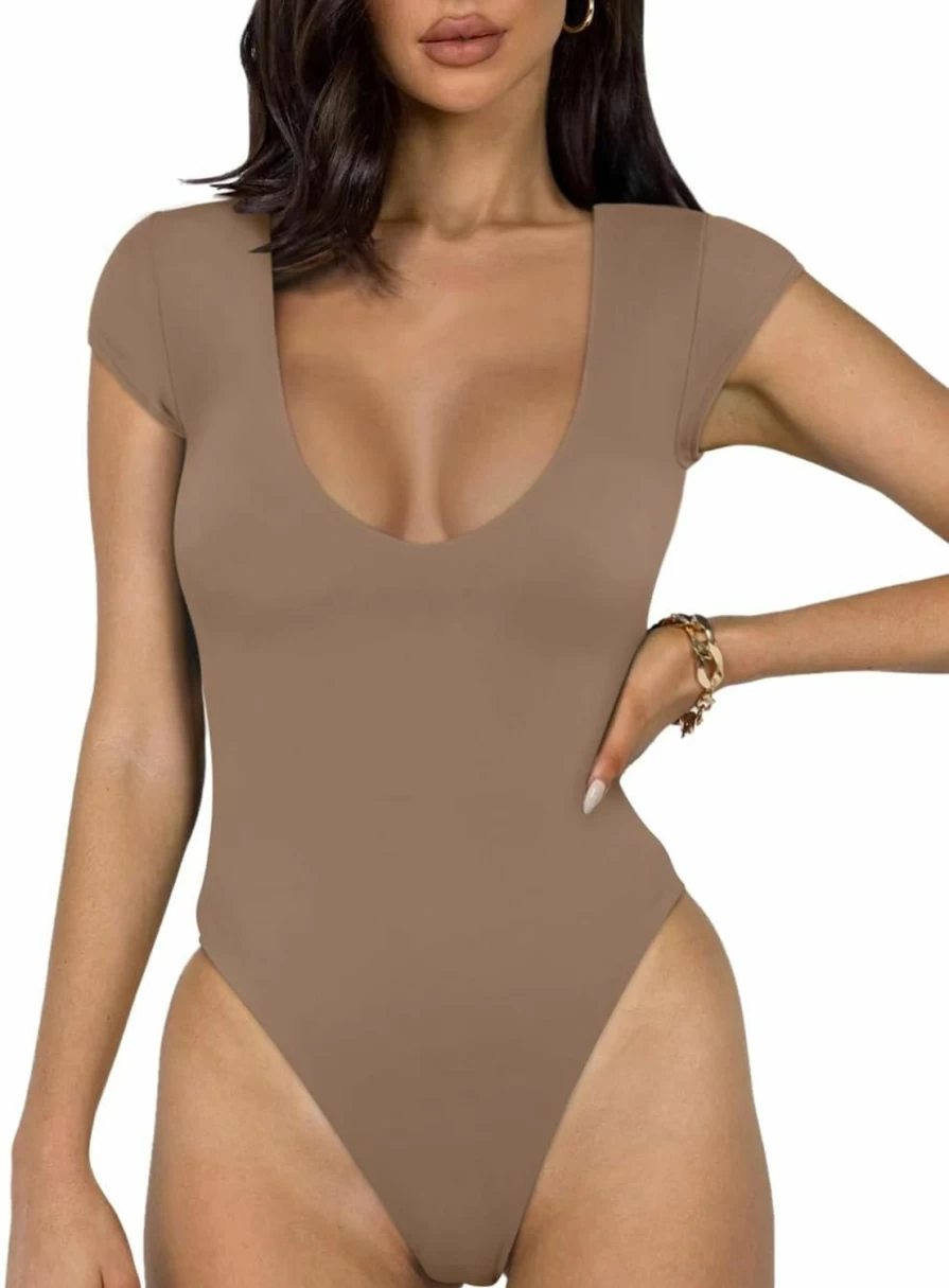 REORIA Women's Deep V-Neck Thong Bodysuit - Sexy Casual Short Sleeve Lined T-Shirt Top