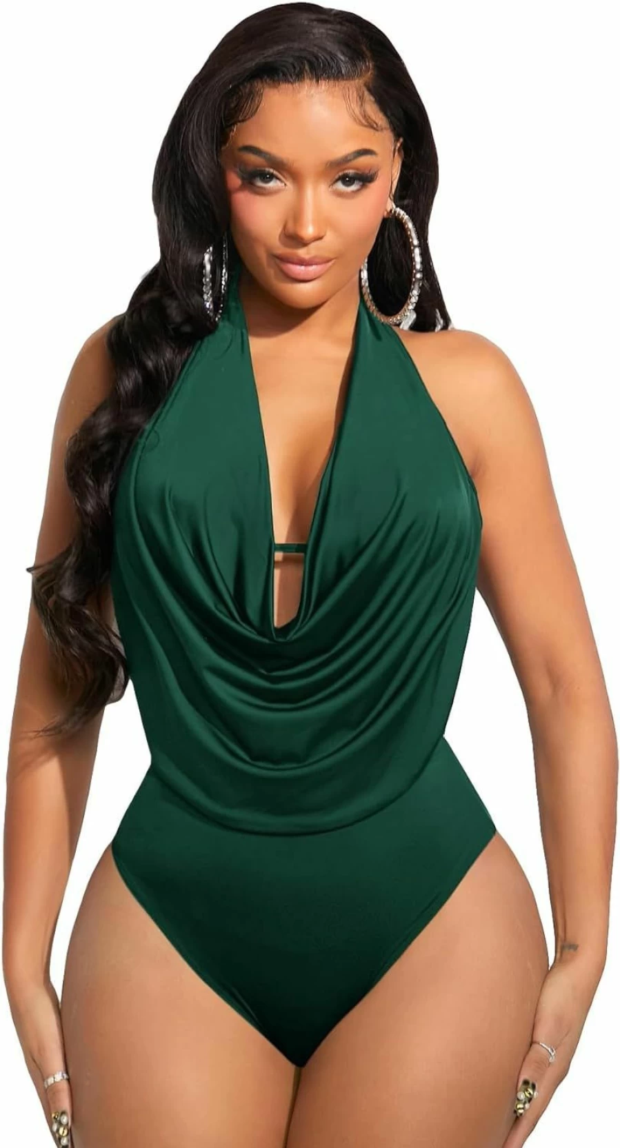 WDIRARA Women's Backless Halter Bodysuit - Draped Front Tie Back Skinny Knitted Solid Jumpsuit
