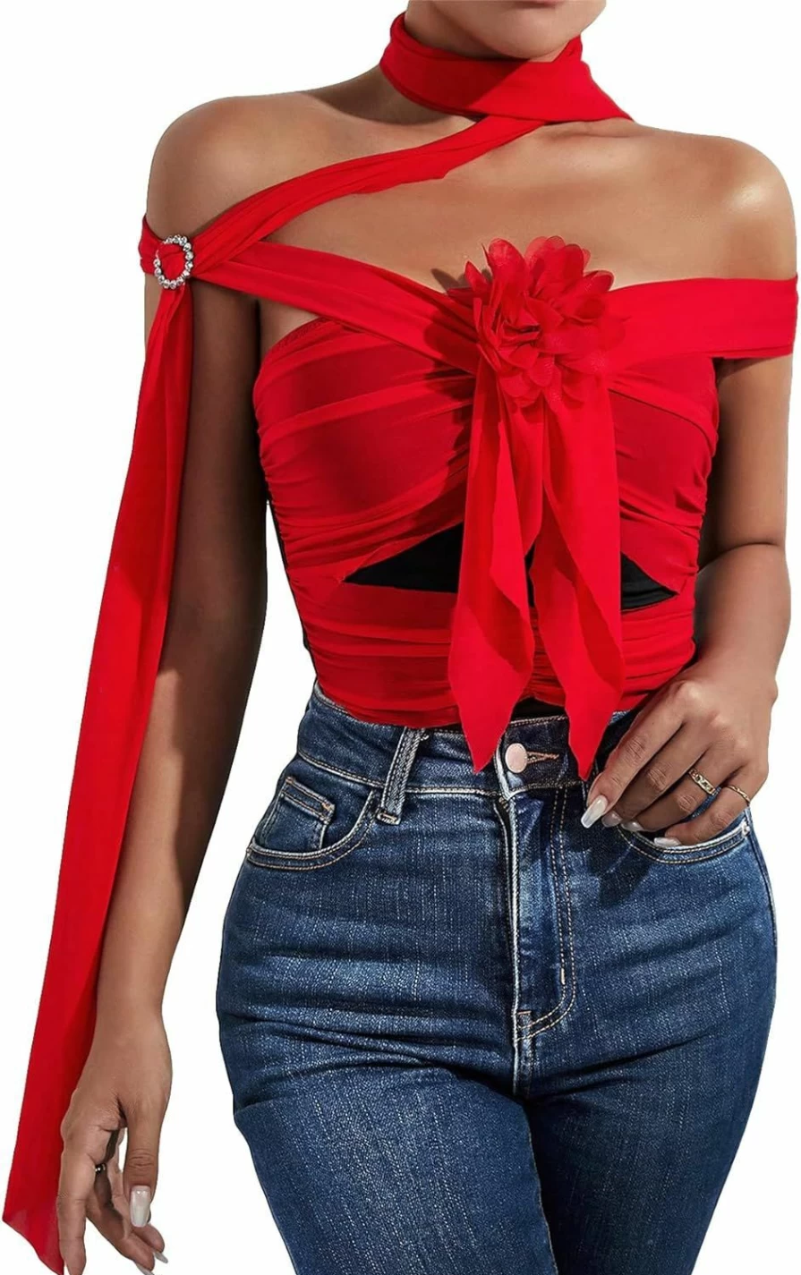 OYOANGLE Women's Floral Applique Criss Cross Halter Neck Bodysuit - Sleeveless Draped Front Tops
