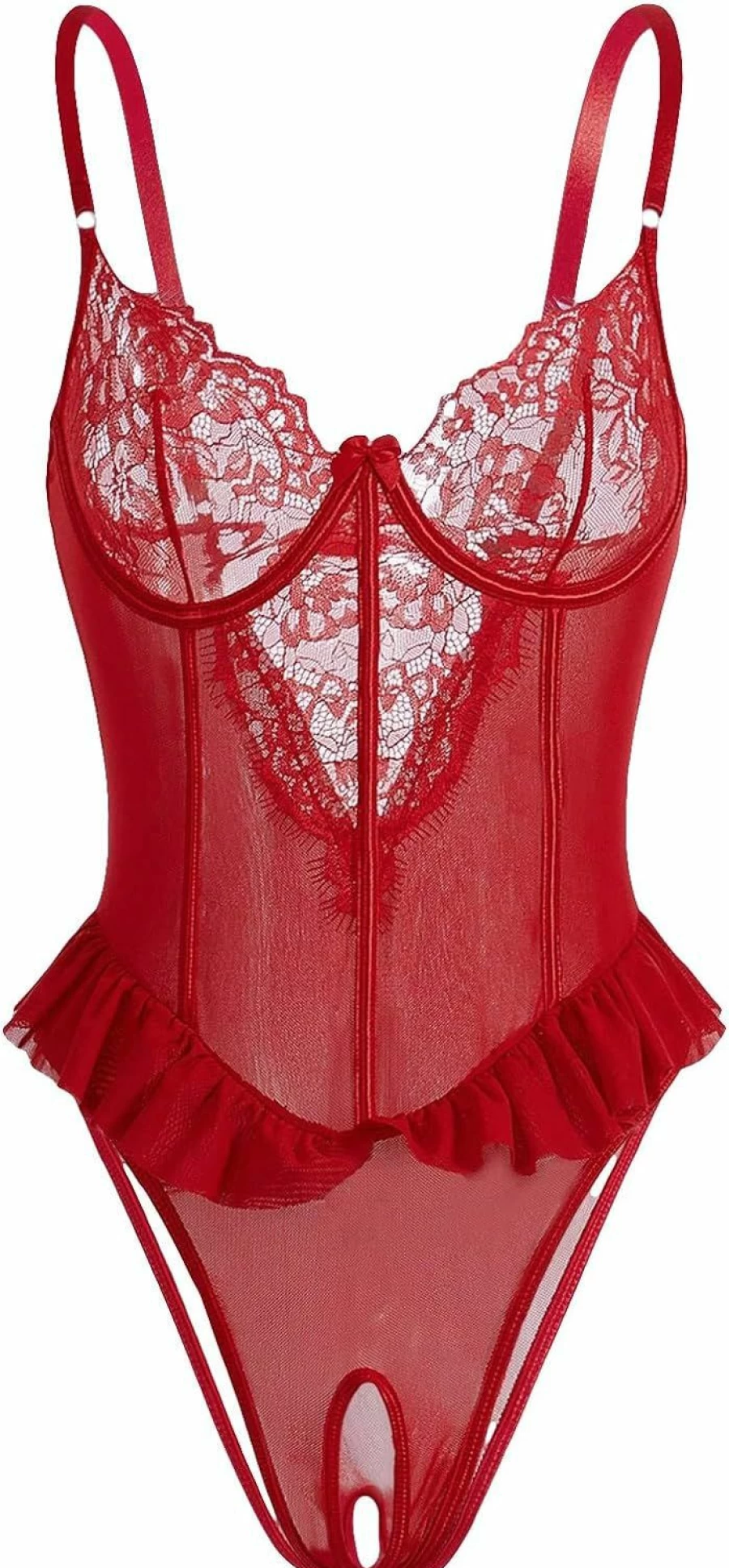 SHENHE Women's Floral Lace Teddy Bodysuit - Sheer Ruffle Trim Bustier Lingerie for Women