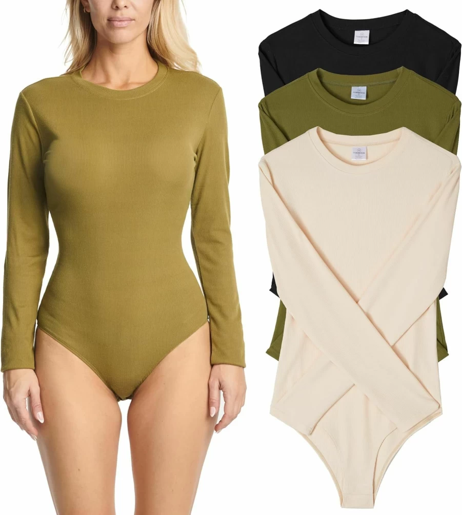 Real Essentials Women's 3-Pack Ribbed Long Sleeve Bodysuit Tops - Plus Size Round Neck Shirts