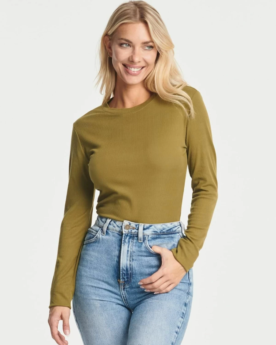 Real Essentials Women's 3-Pack Ribbed Long Sleeve Bodysuit Tops - Plus Size Round Neck Shirts