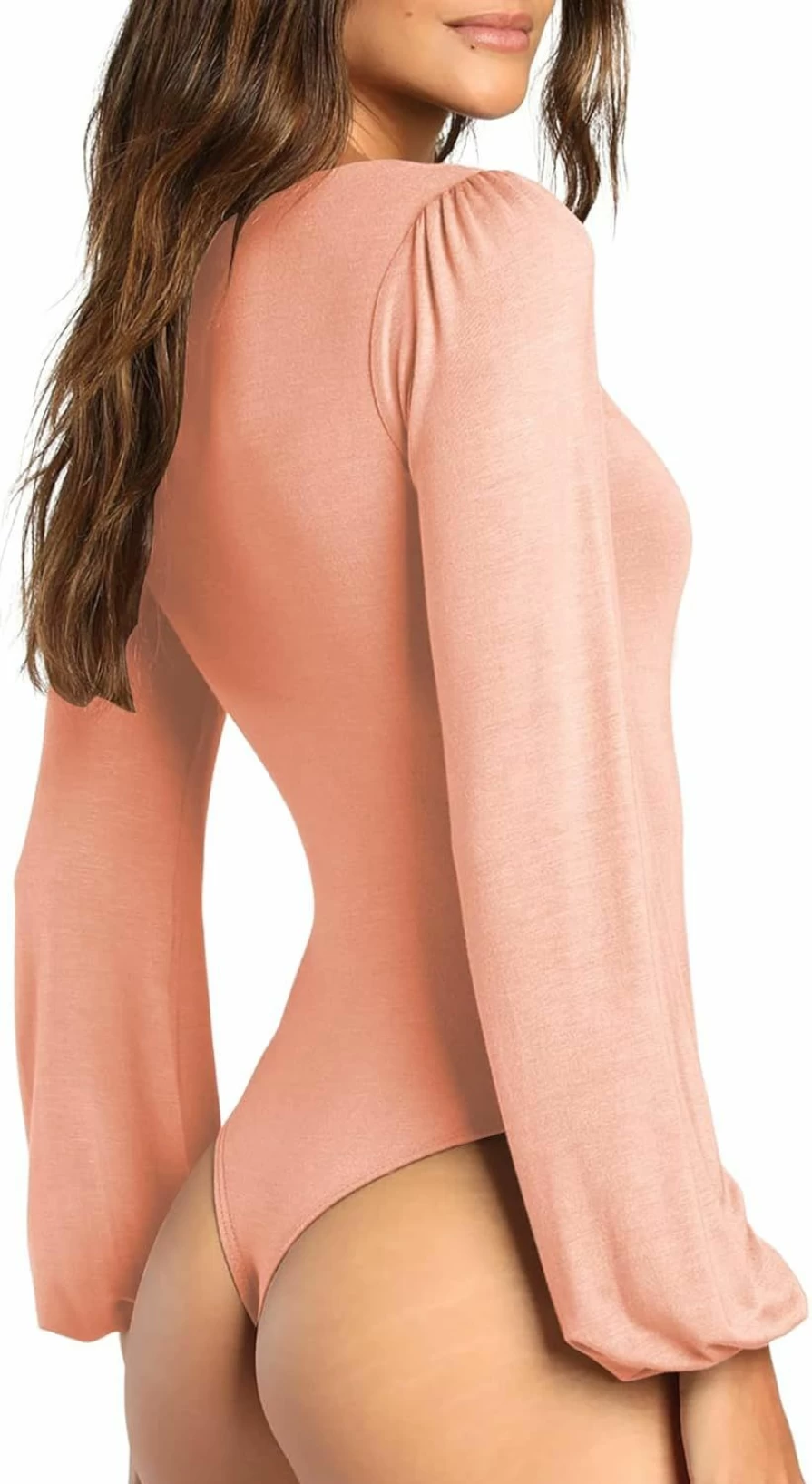 LYANER Women's Slim V-Neck Long Sleeve Bodysuit - Elegant Solid Color Leotard Top for Women