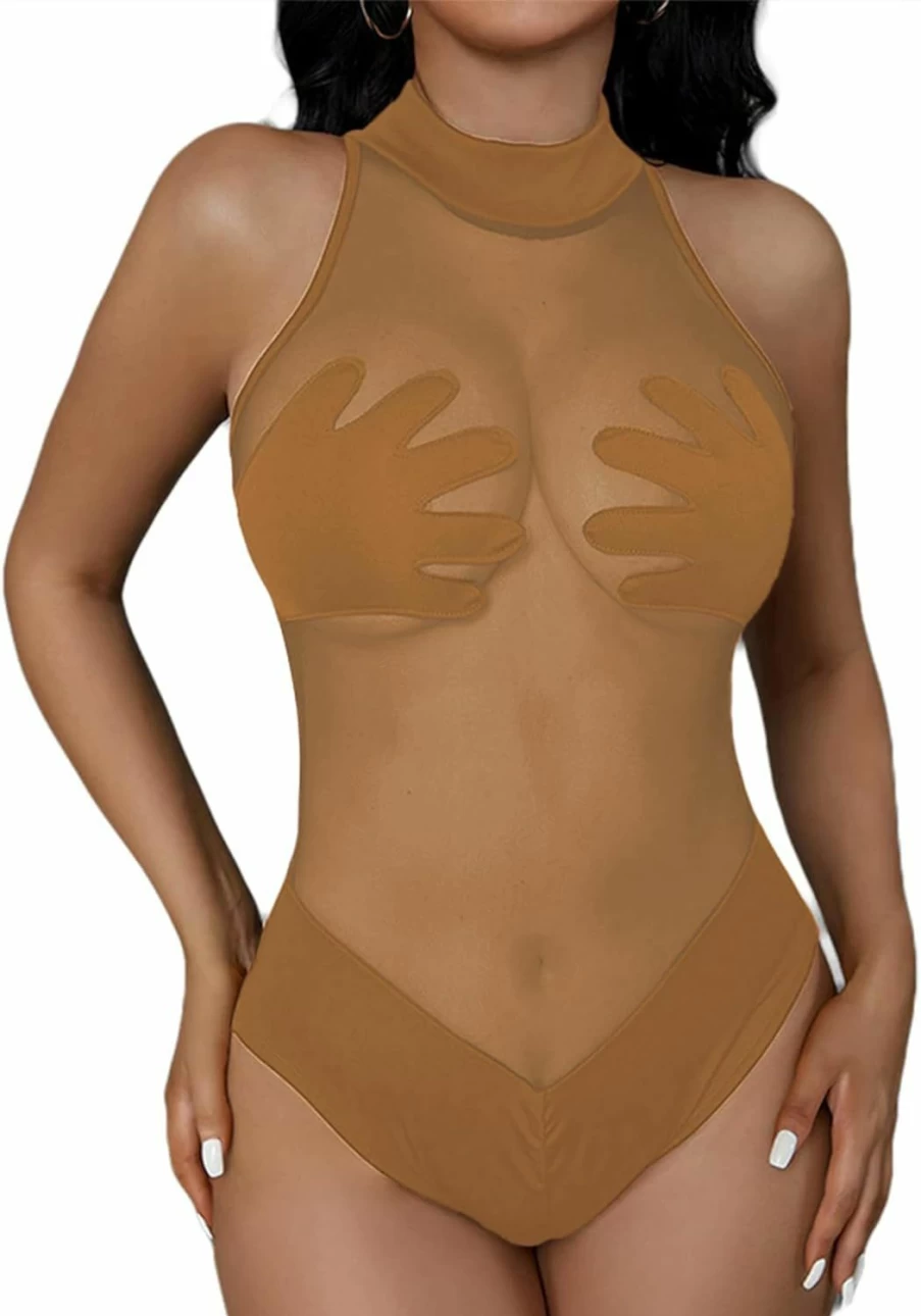LovelyWholesale Women's Sexy Mesh Patchwork Bodysuit - Sleeveless See-Through Leotard Top for Women