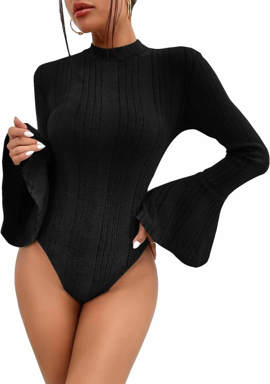 MakeMeChic Women's Ribbed Knit Bodysuit Top - Mock Neck Long Sleeve Flounce Tee