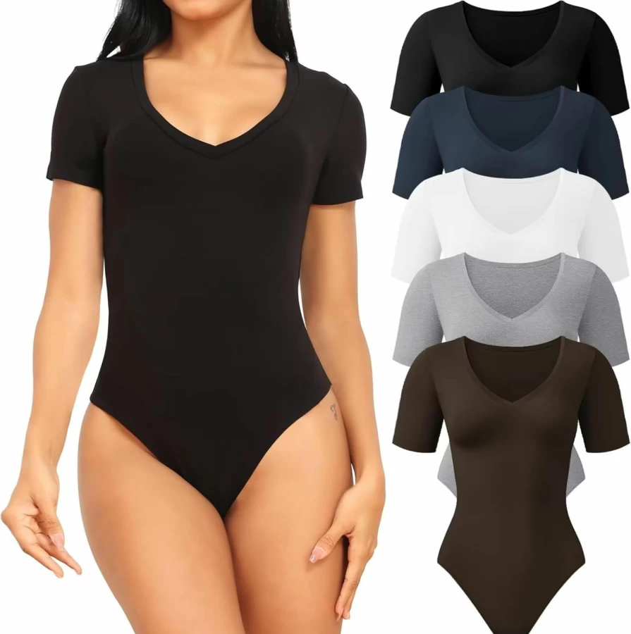 CE' CERDR Women's 5 Pack Deep V Neck Short Sleeve Bodysuit T-Shirts - Casual Stretchy Tops for Everyday Outfits