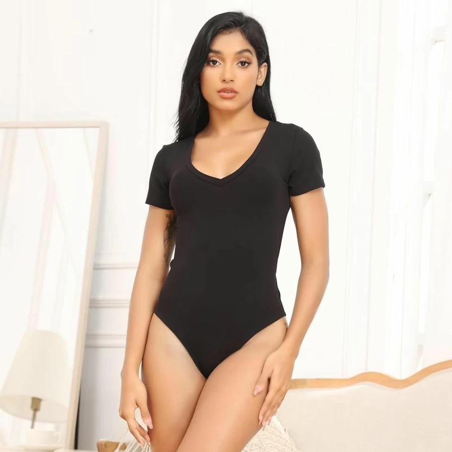 CE' CERDR Women's 5 Pack Deep V Neck Short Sleeve Bodysuit T-Shirts - Casual Stretchy Tops for Everyday Outfits