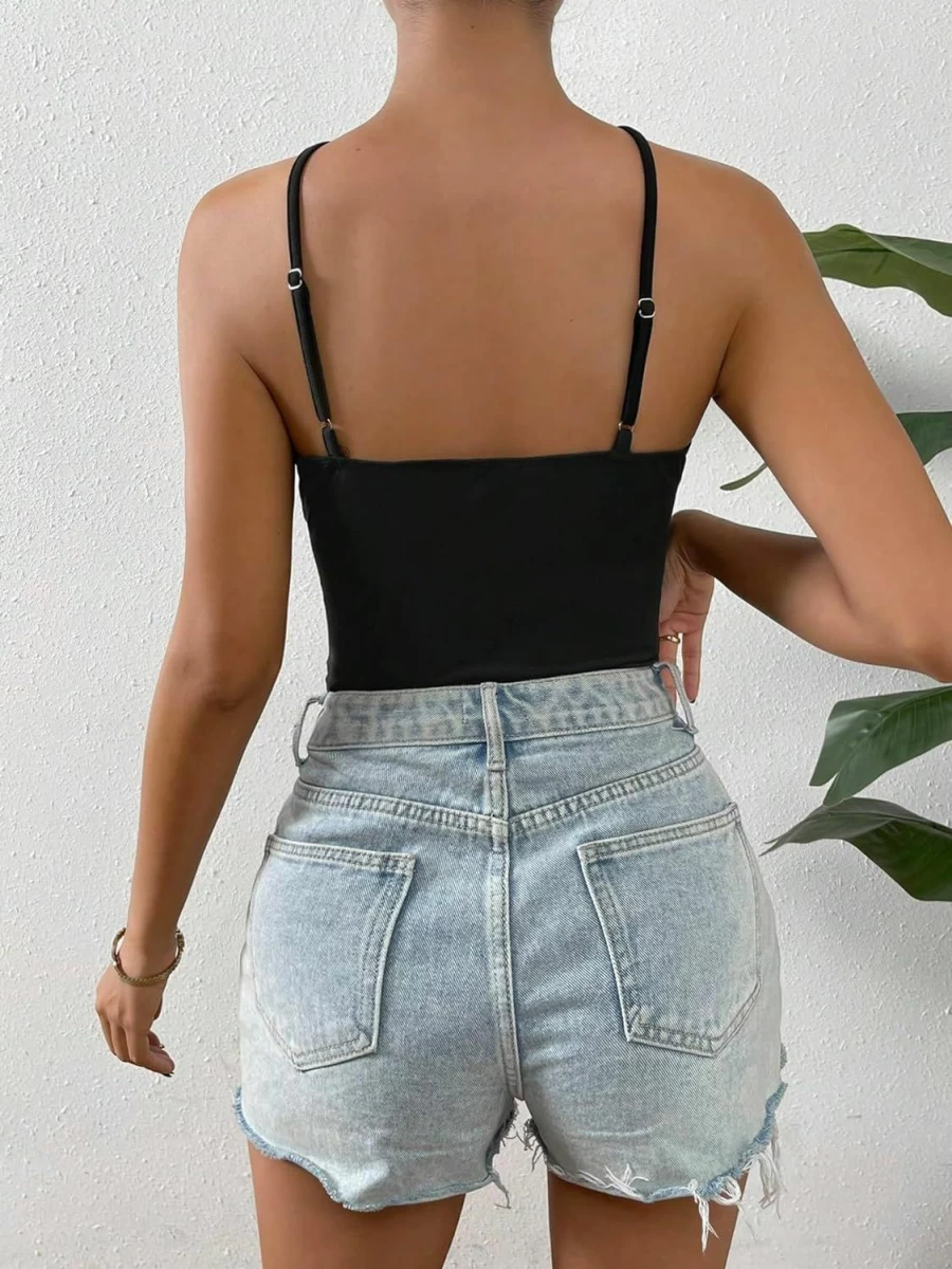 SHENHE Women's Sleeveless Criss Cross Cut Out Bodysuit Top with Floral Appliques - Fitted Stretchable Comfortable Summer Fashion