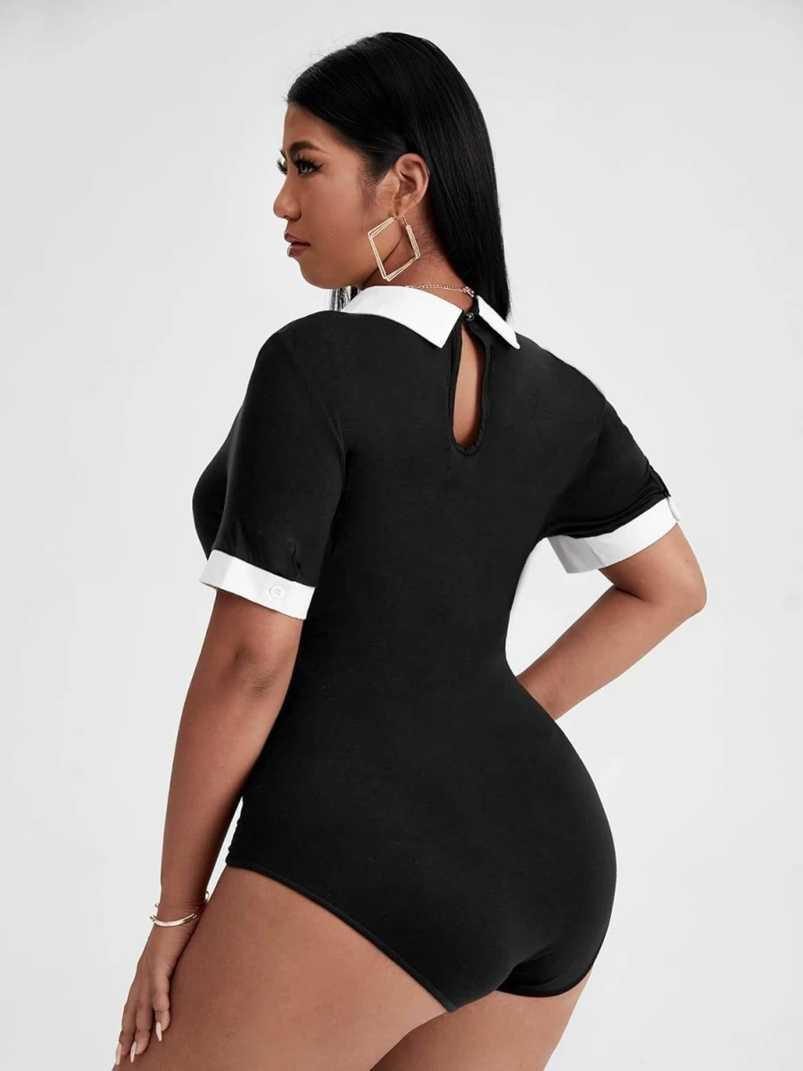 Floerns Plus Size Women's Colorblock Contrast Collar Short Sleeve Bodysuit T-Shirt