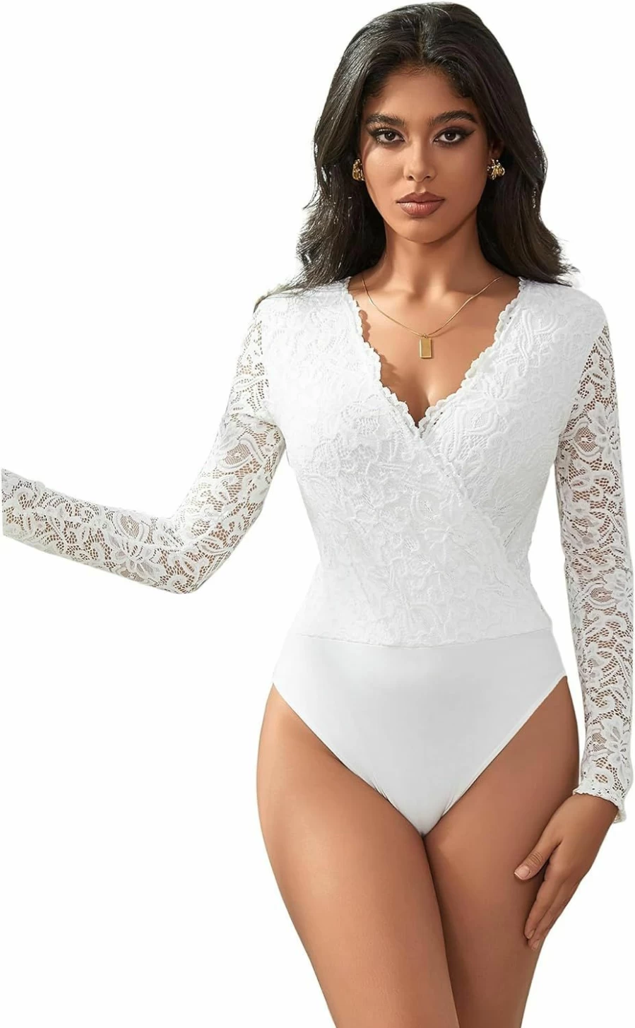 Ohyeah Women's Sexy Long Sleeve Wrap V-Neck Lace Bodysuit - Snap Closure One-Piece Jumpsuit for Going Out