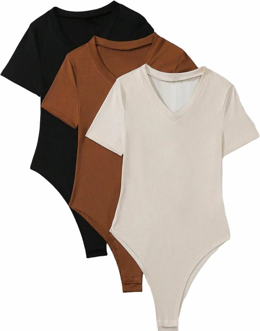 Floerns Women's 3-Pack V-Neck Ribbed Knit Bodysuit - Short Sleeve Stretch Jumpsuit