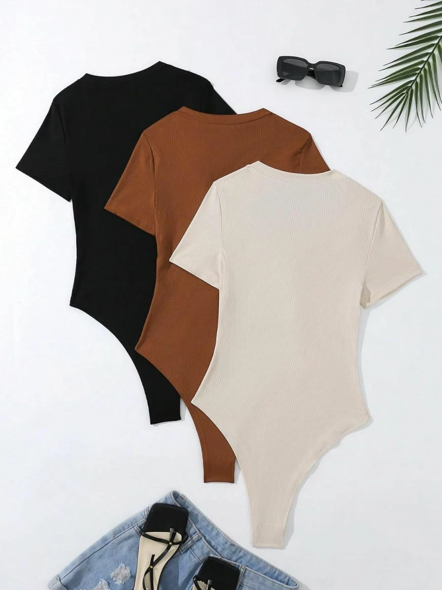 Floerns Women's 3-Pack V-Neck Ribbed Knit Bodysuit - Short Sleeve Stretch Jumpsuit
