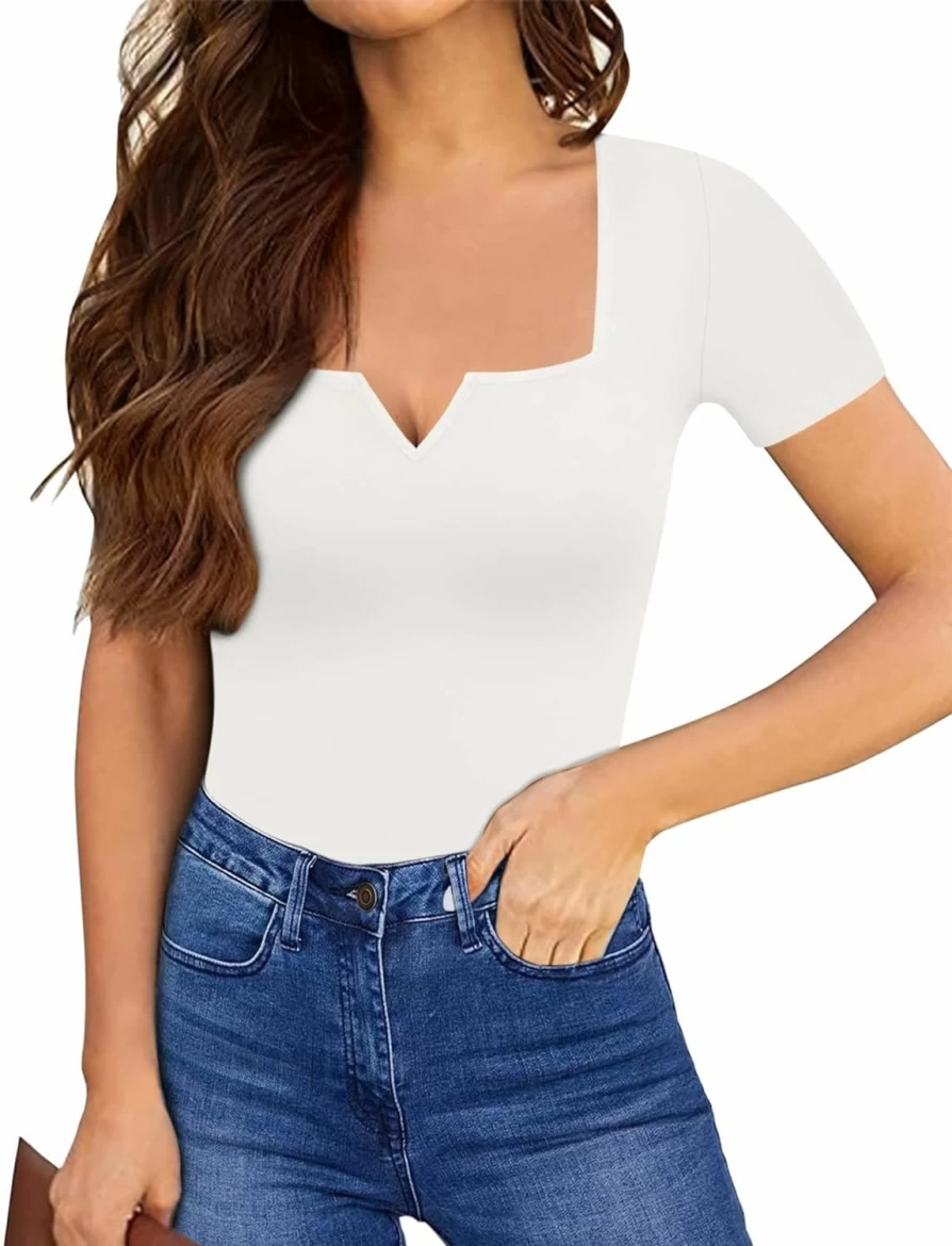 MANGOPOP Women's Sexy Square Neck Short Sleeve Bodysuit - Clubwear Jumpsuit Tops for Women