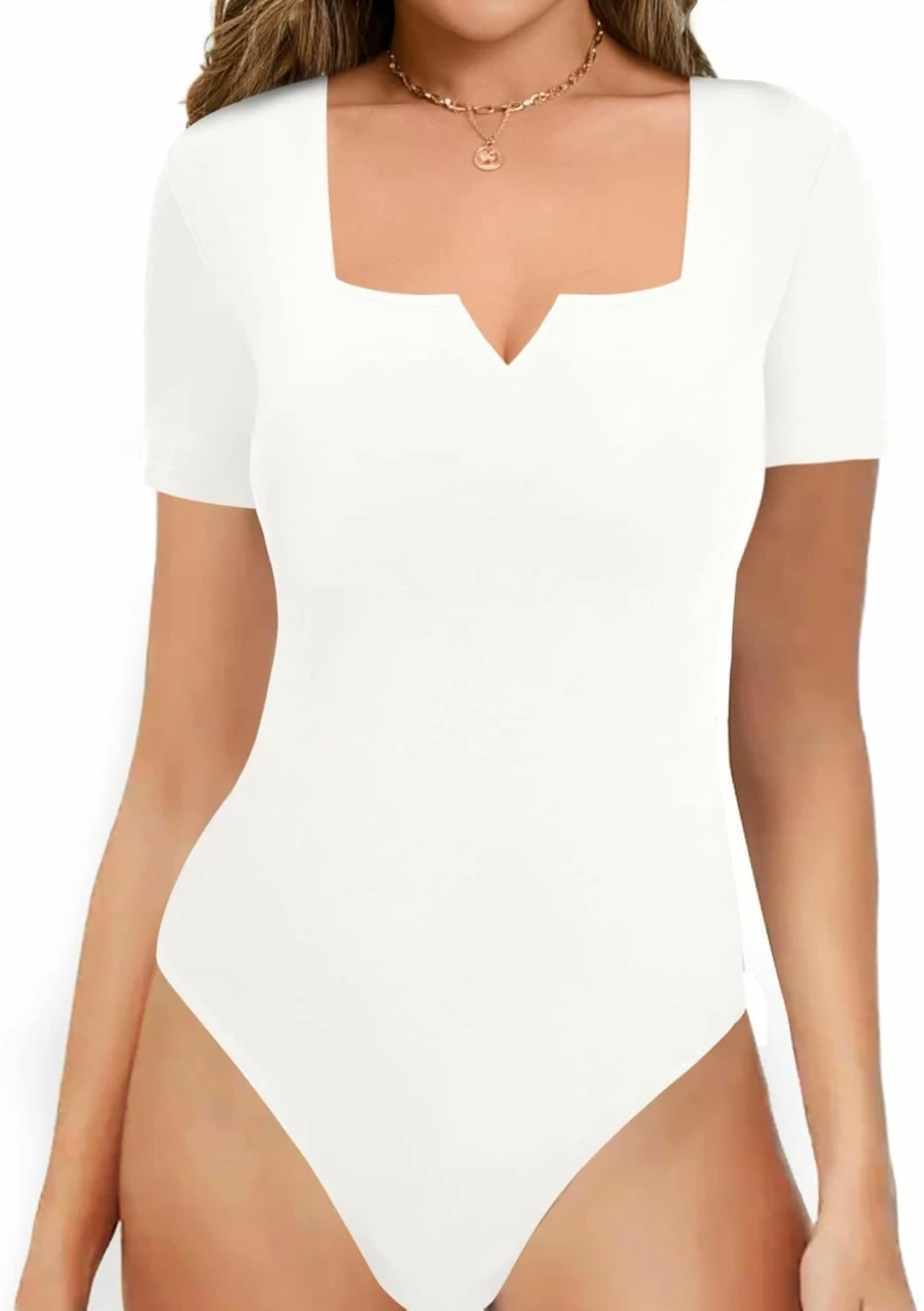 MANGOPOP Women's Sexy Square Neck Short Sleeve Bodysuit - Clubwear Jumpsuit Tops for Women
