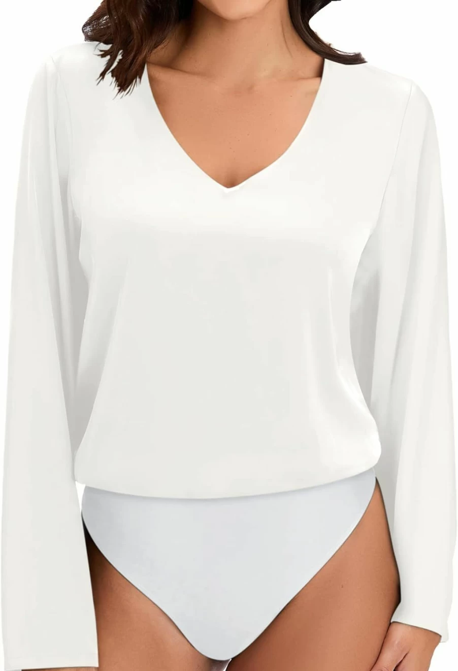 MANGOPOP Women's Elegant V-Neck Satin Bodysuit Tops - Loose Fit Sleeveless & Long Sleeve Blouse