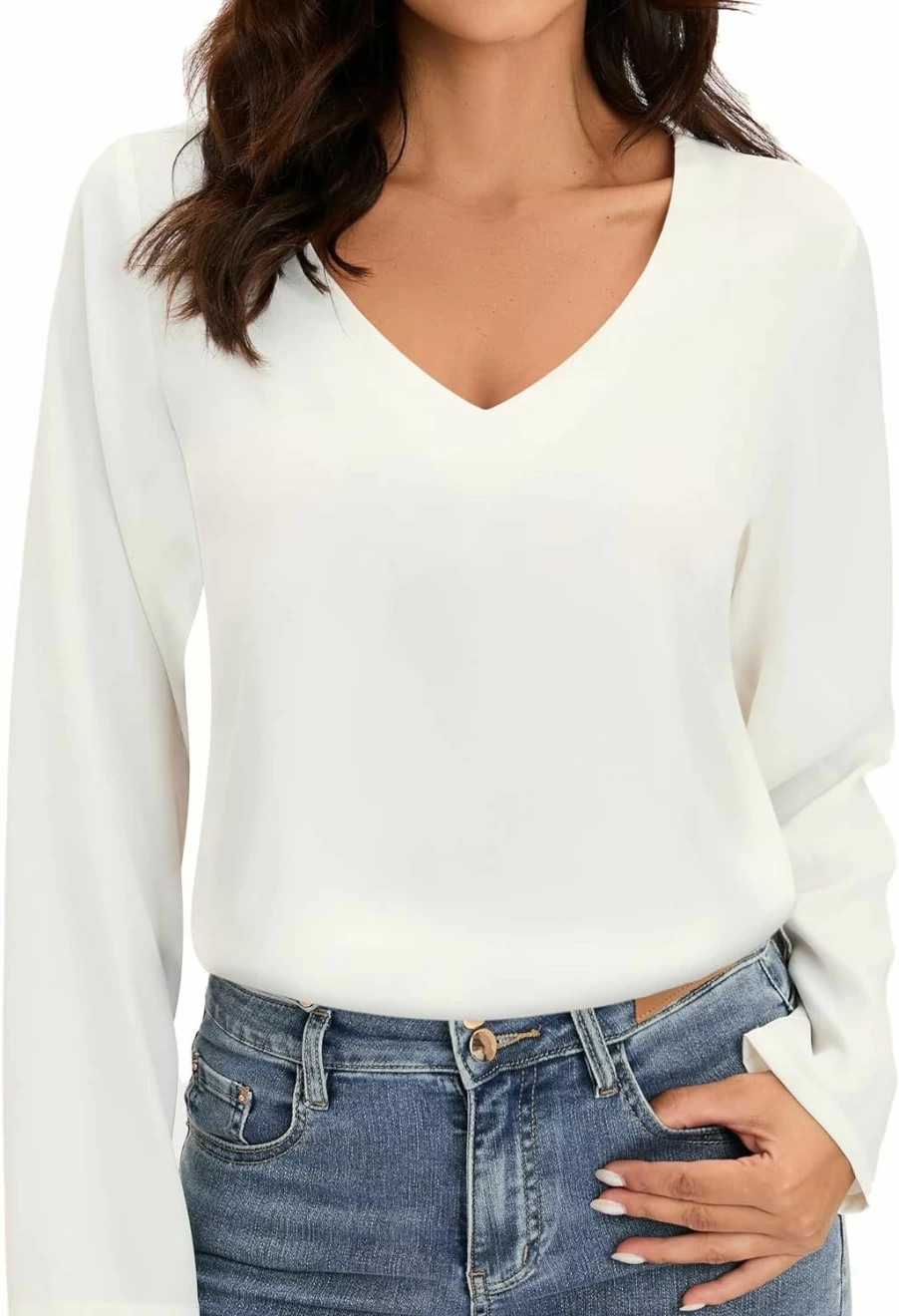 MANGOPOP Women's Elegant V-Neck Satin Bodysuit Tops - Loose Fit Sleeveless & Long Sleeve Blouse