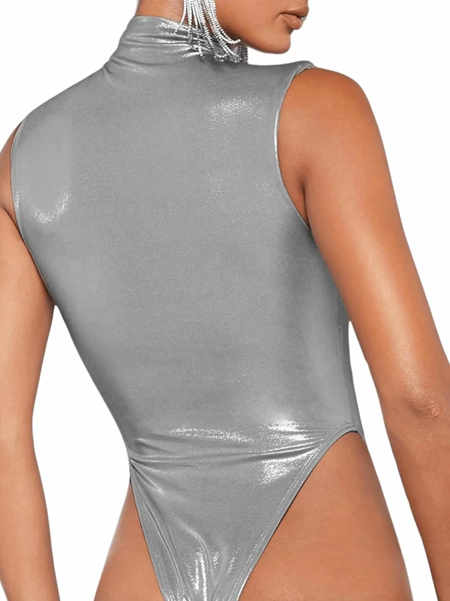 OYOANGLE Women's Metallic Sleeveless Mock Neck Ruched Thong Bodysuit Tops for Going Out