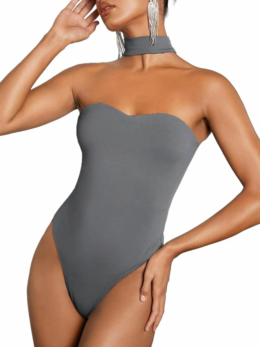 OYOANGLE Women's Strapless Halter Bodysuit - Sleeveless Cut Out Tops for Going Out
