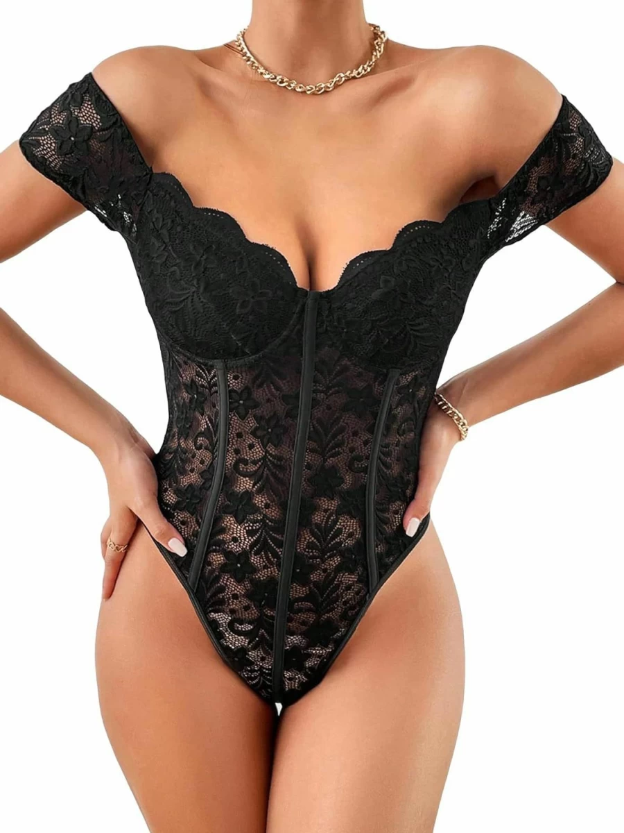 SHENHE Women's Floral Lace Bustier Bodysuit - Off Shoulder Short Sleeve Scallop Trim Sexy Tops