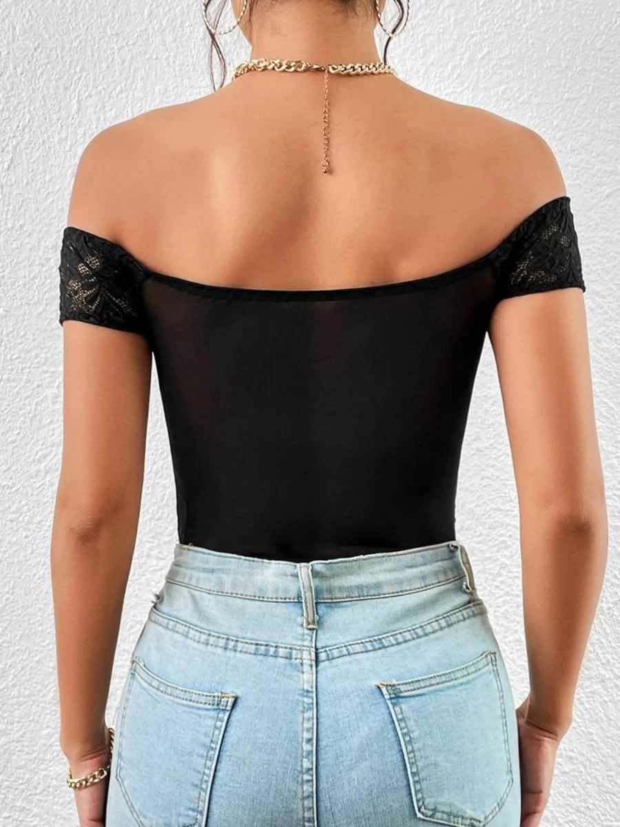 SHENHE Women's Floral Lace Bustier Bodysuit - Off Shoulder Short Sleeve Scallop Trim Sexy Tops