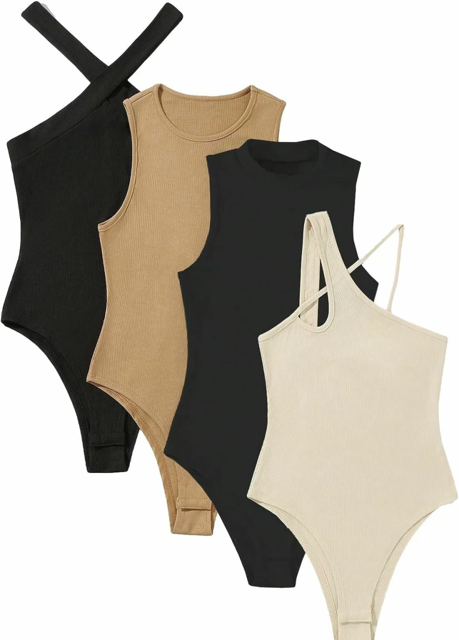 SHENHE Women's Ribbed Halter Bodysuit - 4 Piece Sleeveless Crewneck Asymmetrical Criss Cross Outfit
