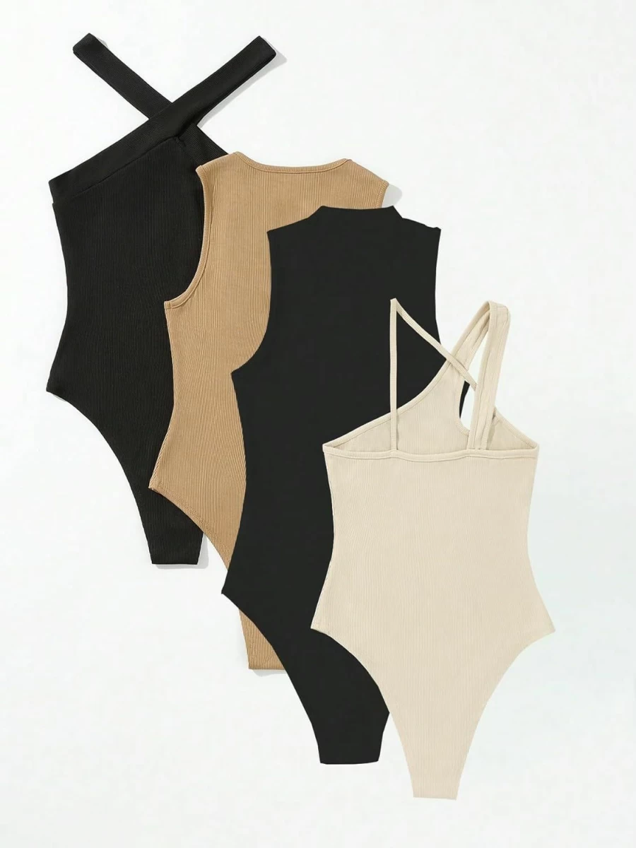 SHENHE Women's Ribbed Halter Bodysuit - 4 Piece Sleeveless Crewneck Asymmetrical Criss Cross Outfit