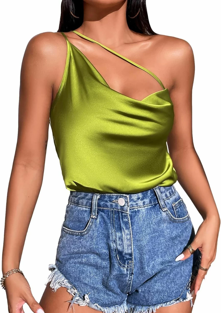 SOLY HUX Women's Silk Satin One Shoulder Draped Cami Bodysuit - Elegant Sleeveless Tops for Women